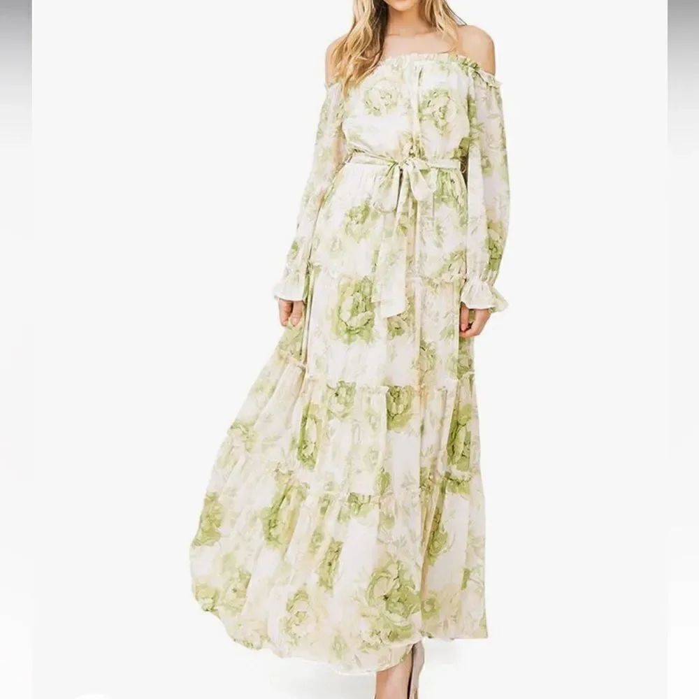 Flying Tomato Cream Green Floral Off Shoulder Flowy Tiered Belted Maxi Dress